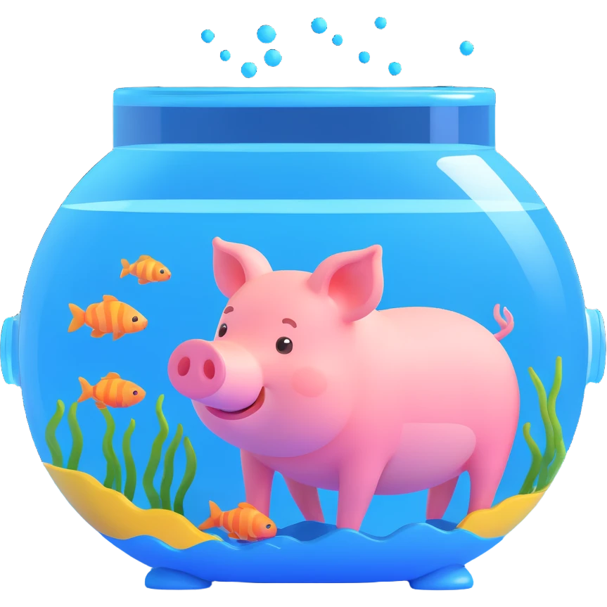little pig swimming inside a transparent fish tank, cartoon style, bright colors, suitable for emoji emoji