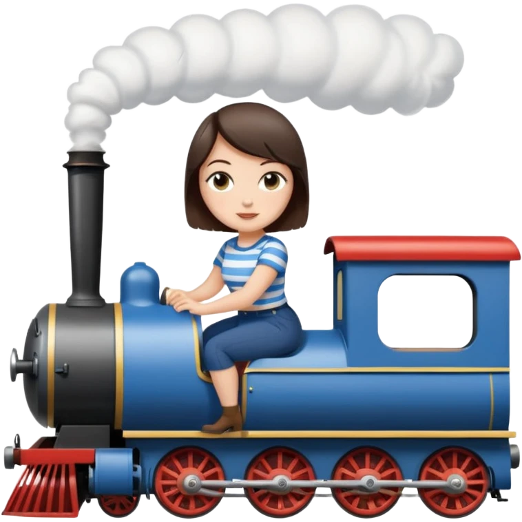 Pretty, sexy, slightly curvy white woman with short dark brown hair, wearing a blue and white striped tee shirt, riding a steam train emoji