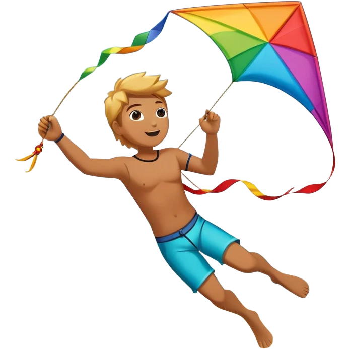 A person soaring through the sky while holding onto a colorful kite on a windy beach. The kite is catching the wind, and the backdrop features waves crashing on the shore, capturing the excitement and freedom of kitesurfing. emoji