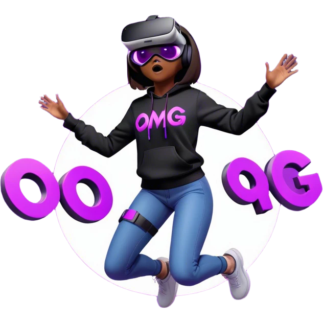 brown haired girl with a bob girl wearing black hoody with violet letters "OMG", in vr headset oculus quest2. jumping. Cyberpunk style. Violet neon. emoji