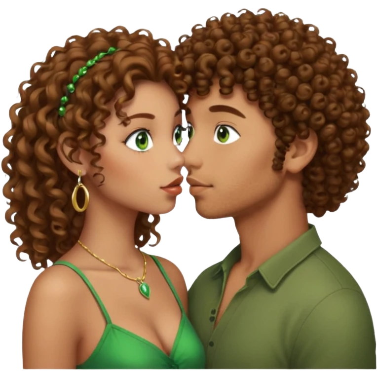 Un homme cheveux boucle avec boucle d’oreille et yeux vert qui embrasse une fille au cheveux maron bouclé métisse  emoji