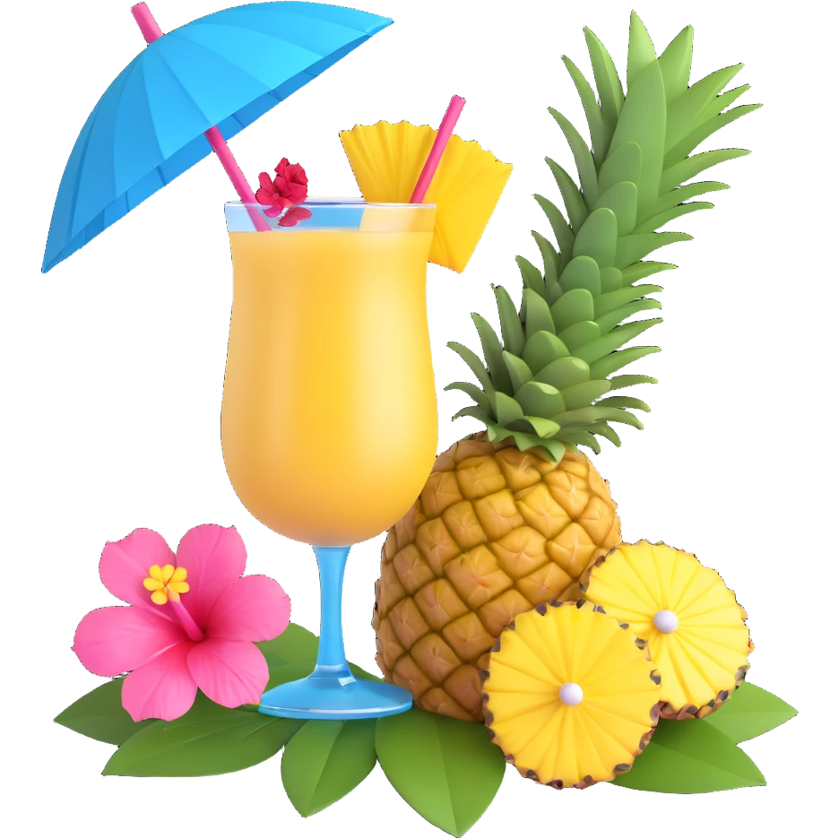 a pineapple and a vibrant tropical fruity blue cocktail with hibiscus, pineapple slice, and paper umbrella garnish emoji