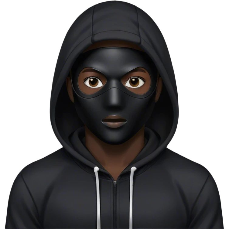 man with black full face plastic mask and black hoodie emoji