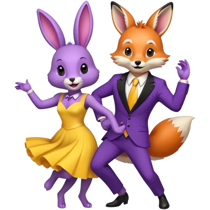 Purple bunny in a yellow dress and fox in a black suit dancing  emoji