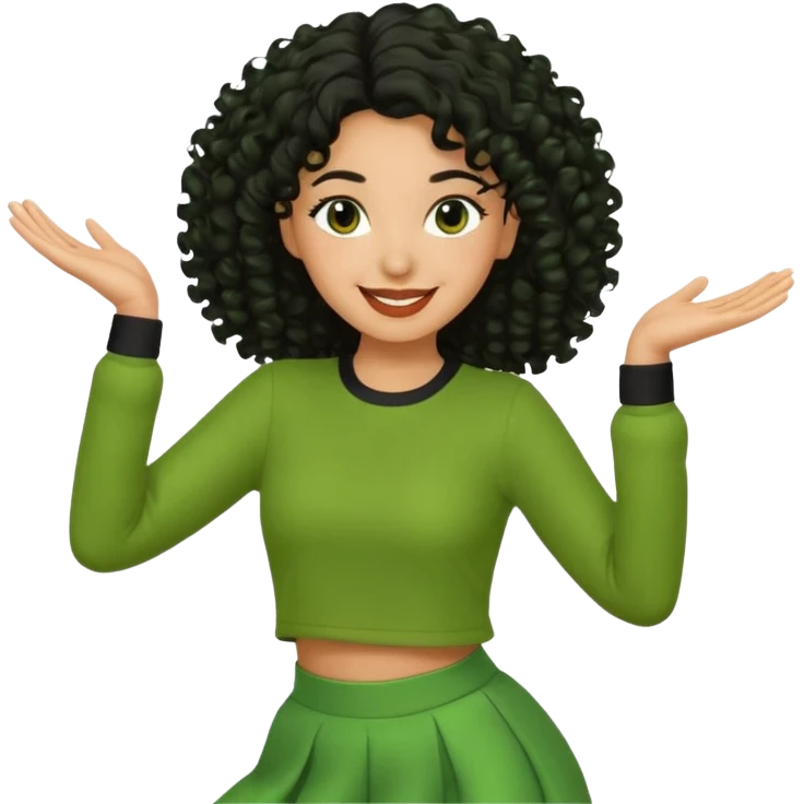 a woman with olive skin tone and curly black hair wearing green and dancing emoji