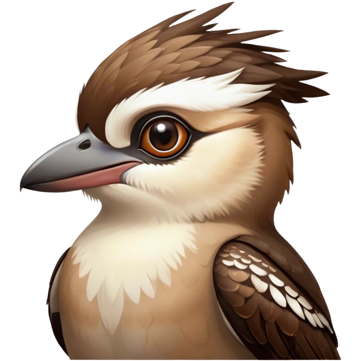 Cinematic Cute Kookaburra Portrait Emoji, Head tilted playfully and inquisitively, featuring a glossy brown plumage with subtle cream accents and a perky, expressive beak, round, sparkling eyes filled with curious mirth, Simplified yet irresistibly adorable features, highly detailed, glowing with a warm, friendly glow, high shine, affectionate and spirited, stylized with a touch of bushland whimsy, bright and endearing, soft glowing outline, capturing the essence of a mischievous yet loving kookaburra, so playful it feels like it could chuckle out of the screen into your arms! emoji