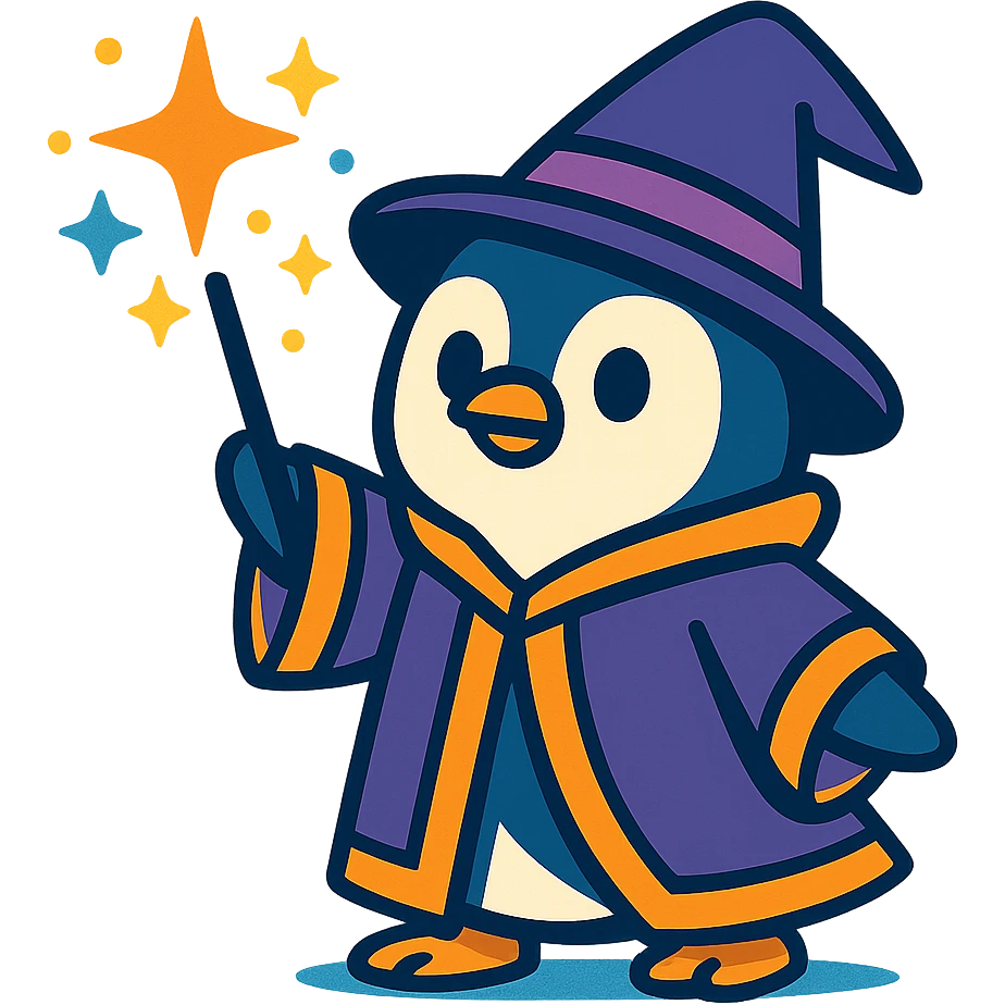 cute penguin wizard casting a spell, wearing a robe and holding a wand, magical sparkles around emoji