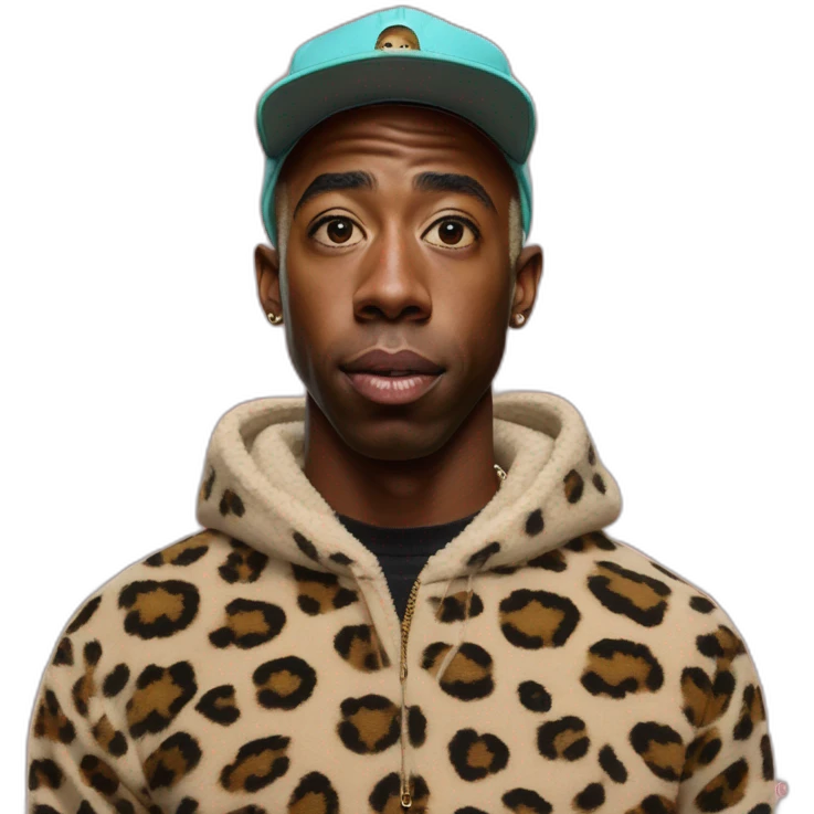 hyper realistic Tyler The Creator with chapka and leopard pullover emoji