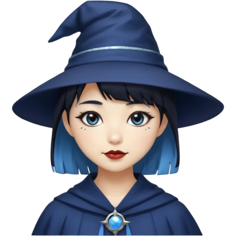 an asian short haired girl with light blue highlighted short raven hair with bangs, with her silver left eye and dark brown right eye, with black cat eyed style eyeliner, and smirk of natural toned lipstick, with dark navy wizard hat with moon emblem on his hat. emoji