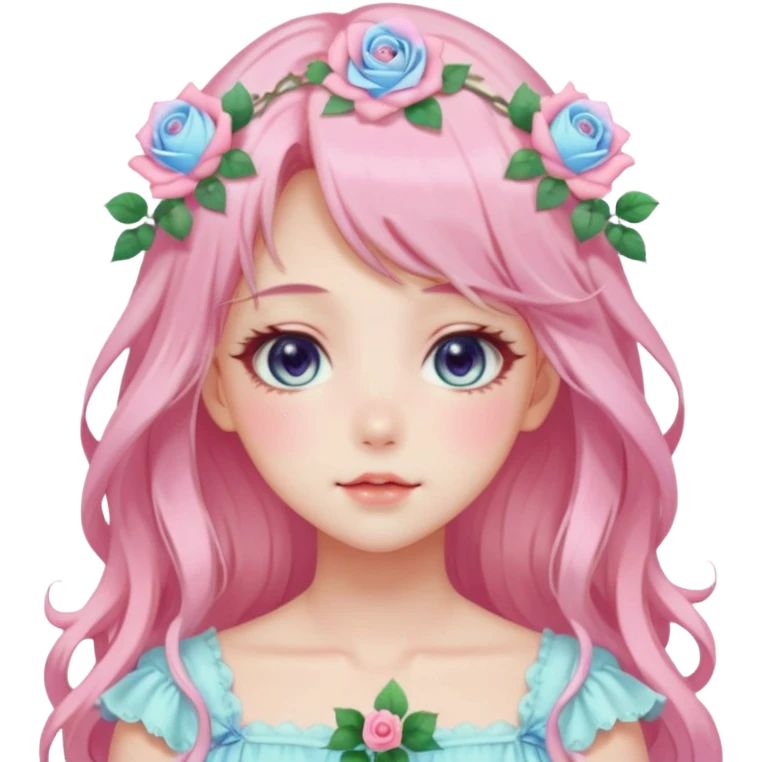 Gorgeous pastel anime style lady with blushing face and roses cottagecore fairycore pastelcore shiny colorful pearly aesthetic trending style emoji