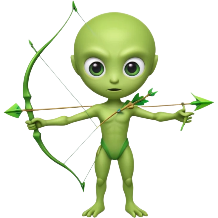 3D emoji-style green alien holding a bow and arrow, glossy texture, smooth skin, large expressive eyes, small humanoid body, minimalist background, soft lighting, Pixar-style rendering, high detail, cute but slightly serious expression, clean centered composition. emoji