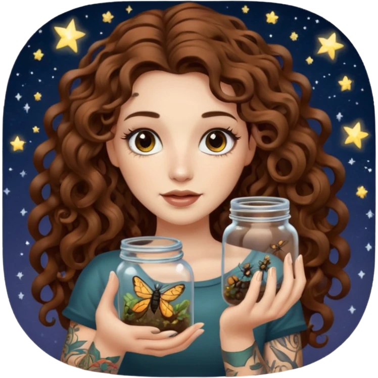 woman with long curly brown hair, brown eyes, white skin, tattoos, holding a jar of captured starlight insects emoji