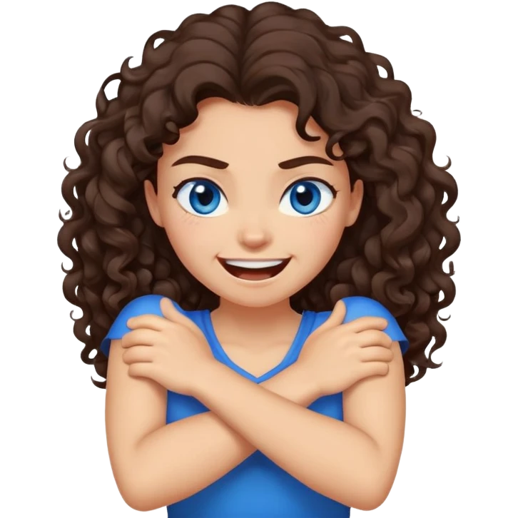 arms crossed around neck angry laughing girl with long dark brown curly hair and blue eyes emoji