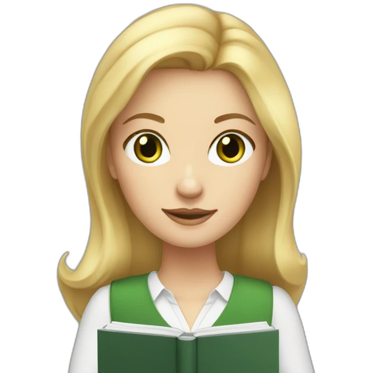 English teacher female with blonde hair and green eyes. with English book emoji