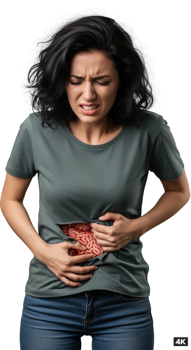 DONNA CHE SI TIENE LA PANCIA DOLORANTE CON INTESTINO VISIBILE, ESPRESSIONE DI DOLORE IN VOLTO, iperrealistico 4k, ISOLATA SU SFONDO BIANCO emoji