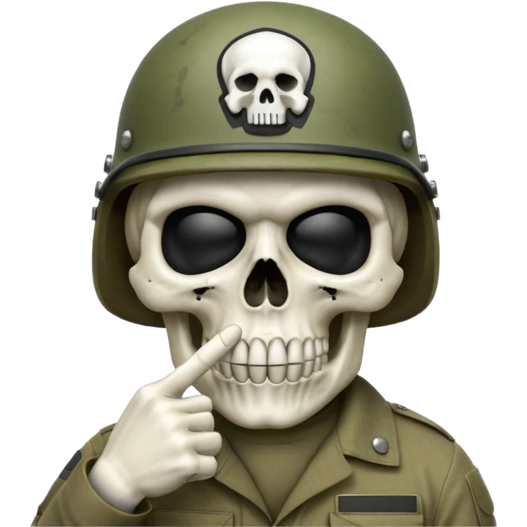 A bold emoji-style white skull wearing a realistic modern army helmet, making a shushing gesture (index finger bone held up to mouth area). Clean vector style,modern emoji aesthetic.The helmet has detailed realistic texture. No body emoji