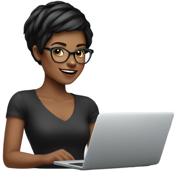 Graphic Designer woman black pixie cut with laptop, happy, no glasses emoji