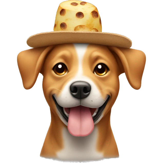 Dog smiling with a hat heating potatoes emoji