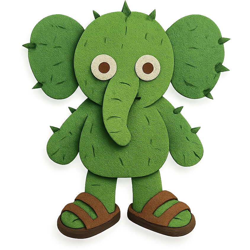 Larili Larila, cactus-skinned elephant with big Birkenstock sandals emoji
