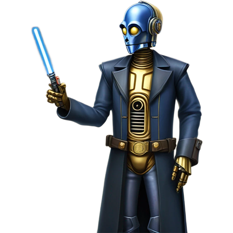 tarnished undercover tough well-equipped Jedi  life-sized darkblue-pearl C3po as a friendly droid wearing a leather clothing old west duster coat holding light saber  emoji