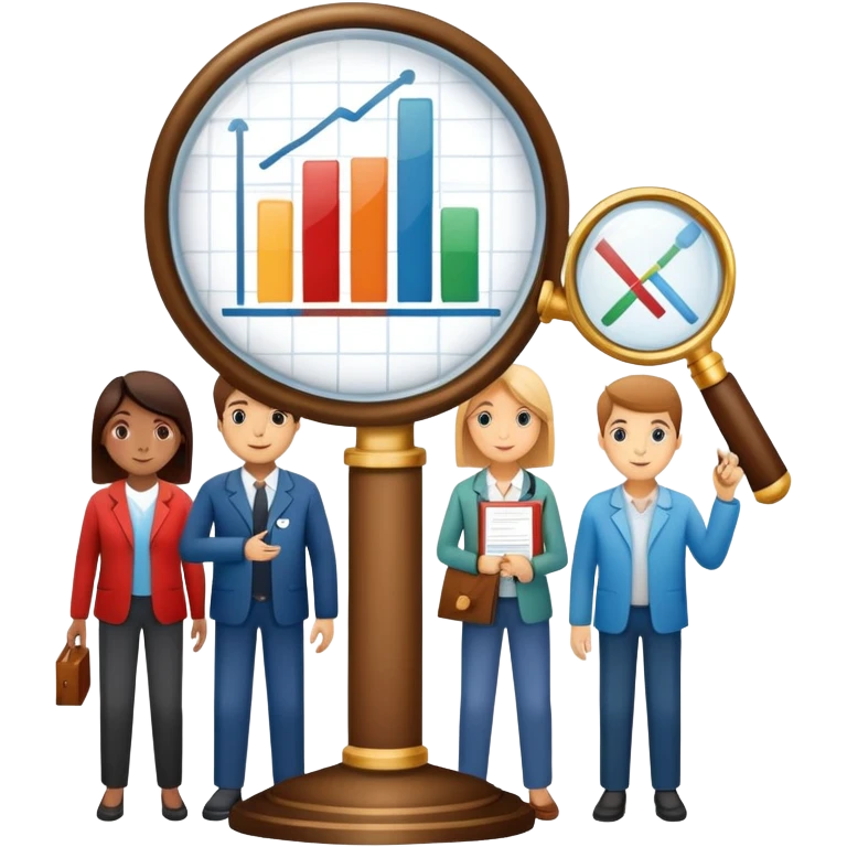 An icon featuring a group of diverse people, interconnected by lines, symbolizing sociology. The design includes a magnifying glass and a bar chart, representing the study of societies and social structures. Transparent background highlights the analysis of human behavior and social dynamics. emoji