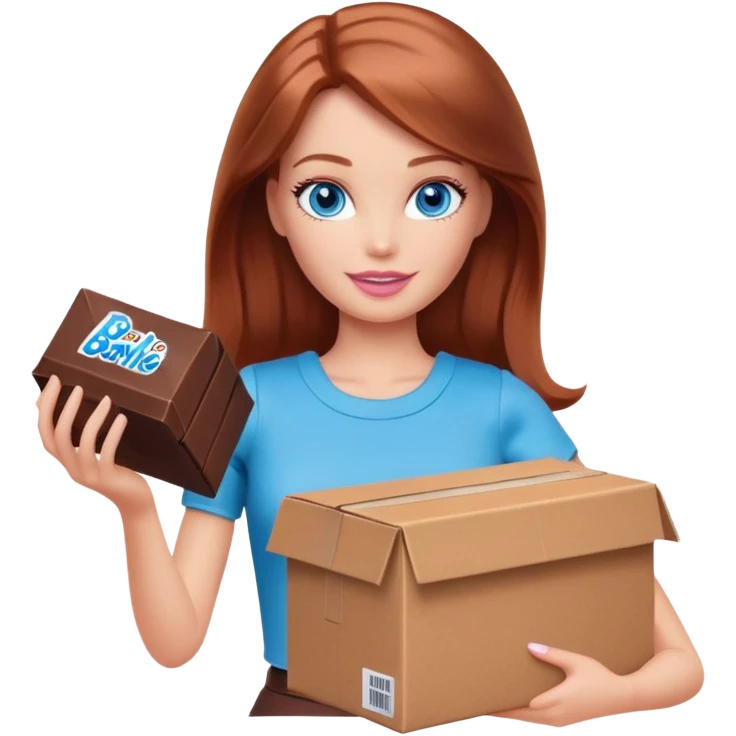Barbie, blue eyes, shoulder-length reddish-brown hair, holds a package box, Barbie is wearing chocolate-colored clothes emoji