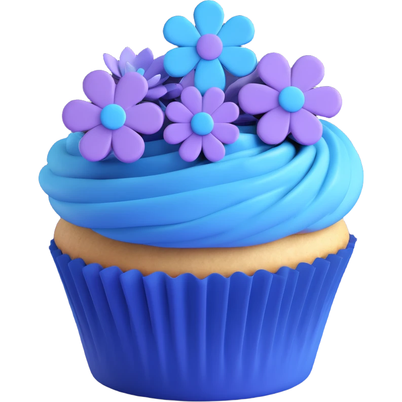 Transform this cupcake with blue flowers into an iOS 18 style 3D emoji model, featuring ultra-realistic 3D shading, smooth rounded shapes, and a vibrant blue and purple color palette. emoji