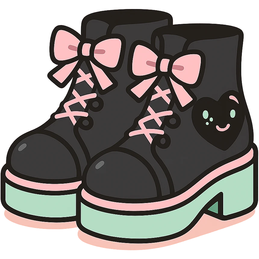 BLACKPINK-inspired gothic shoes, no hearts, black and pink, cute and stylish, kawaii style, lace-up ankle boots with ribbons, pastel green accents emoji