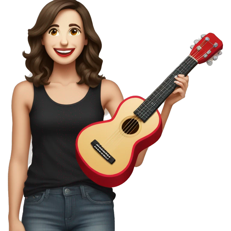 colleen ballinger wearing a black tank top and red pants holding ukelele emoji