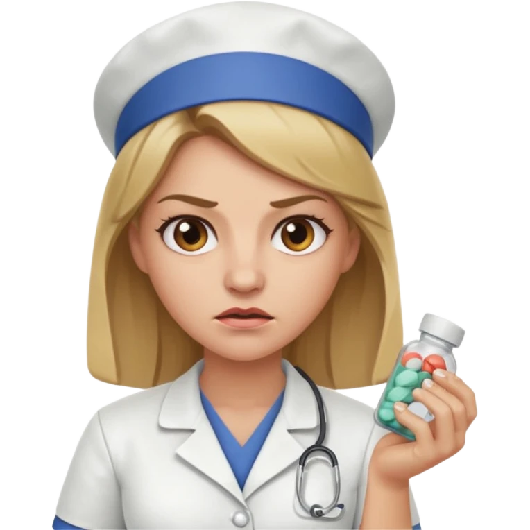 angry dark blonde nurse with a pills emoji