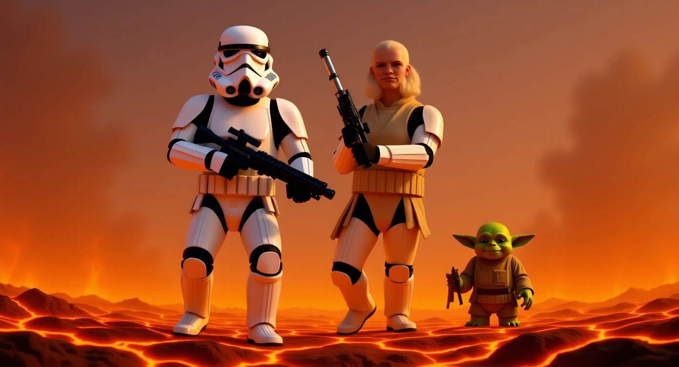 Camera POV, Starwars stormtroopers vlogging selfie, he is walking on lava planet with yoda emoji