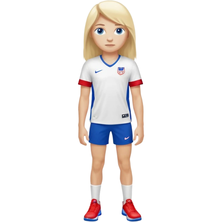 Blond long hair blue eyes tall long lashes wearing a red white and blue jersey that says USA with white shorts and Nike blazers emoji