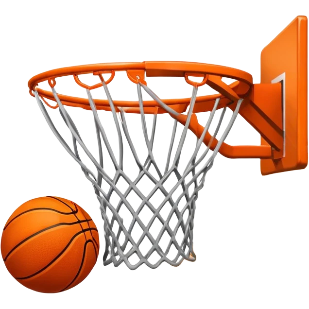 A close-up shot of a basketball entering the hoop, with the ball swishing through the net. The background features a blurred basketball court, emphasizing the perfect shot and the excitement of the game. emoji