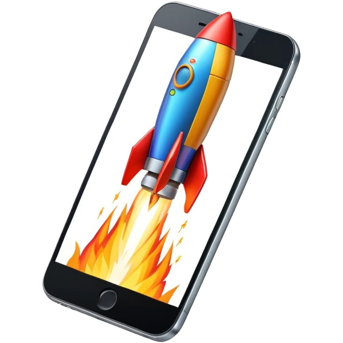 Smartphone with rocket boosters launching upward emoji