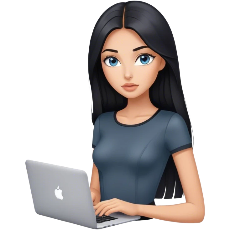 Glamours tanned very beautiful girl with pump peach nude lips and black straight smooth long hair, blue-grey eyes in beautiful short sleeves black bodysuit with MacBook emoji