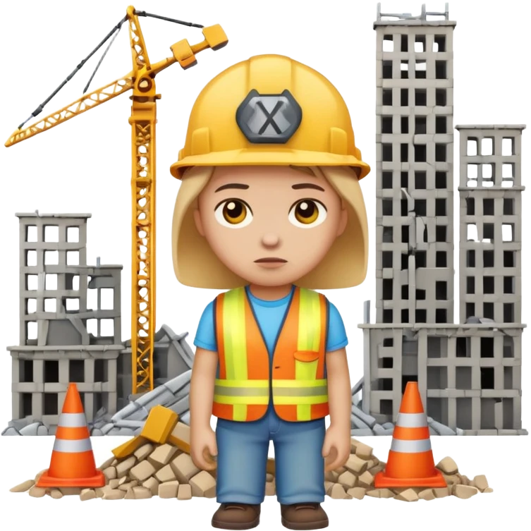 apple style emoji of a child looking guilty next to a broken city construction set emoji