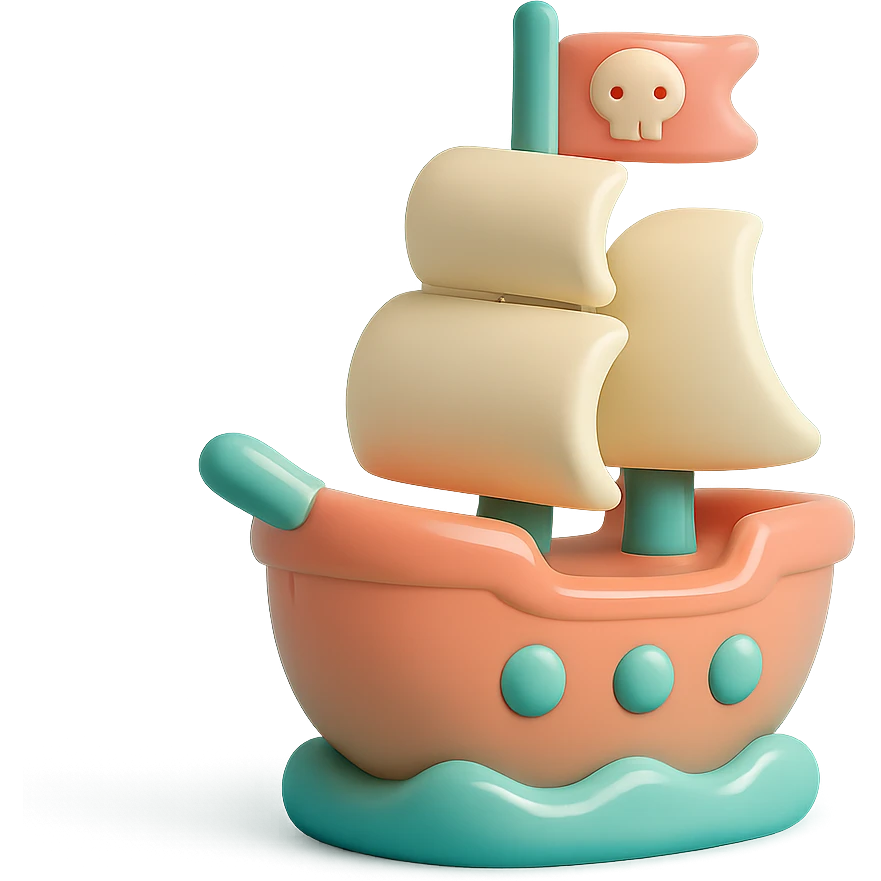 cartoon pirate ship with sails and flag, smooth glossy vinyl figure, minimalist design, pastel colors emoji
