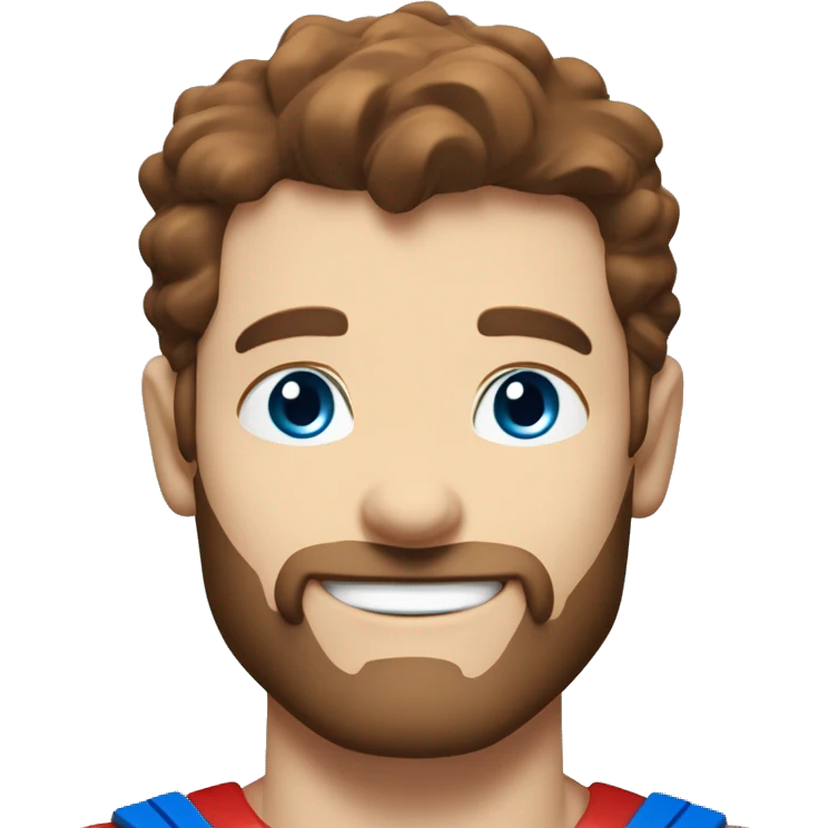 White superman, redish hair, blue eyes, redish brownish, scruffy beard, happy smile, flying emoji