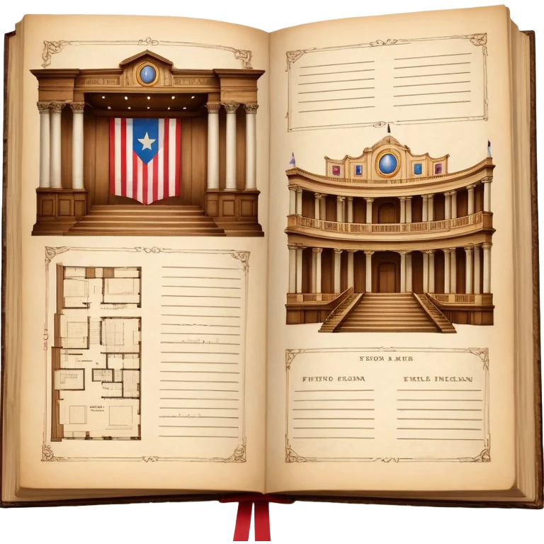 Open antique book with clearly visible detailed stage design sketches spread across both pages, showing theater elevation drawings and floor plans, Puerto Rican flag colors in the sketches, wooden bookmark emoji