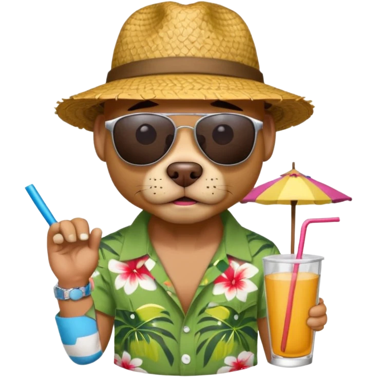 pitbull with sunglasses and straw hat, hawaii shirt emoji
