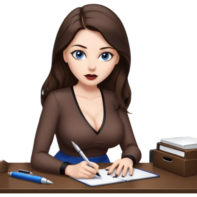 sexy woman brunette, very large breasts, pale skin, blue eyes, long brown hair, tight pale low cut  blouse, short black skirt. at desk emoji