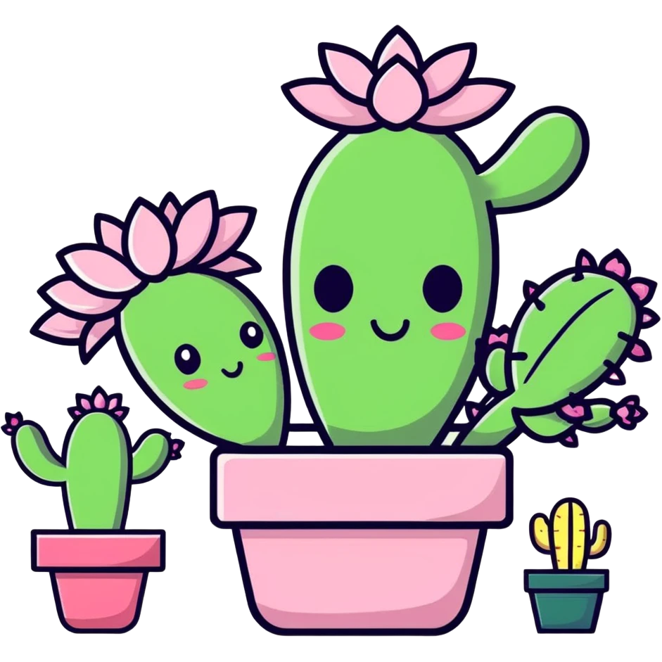 A pink face with cactuses all around that and the flowers that are blooming on the cactuses and emoji