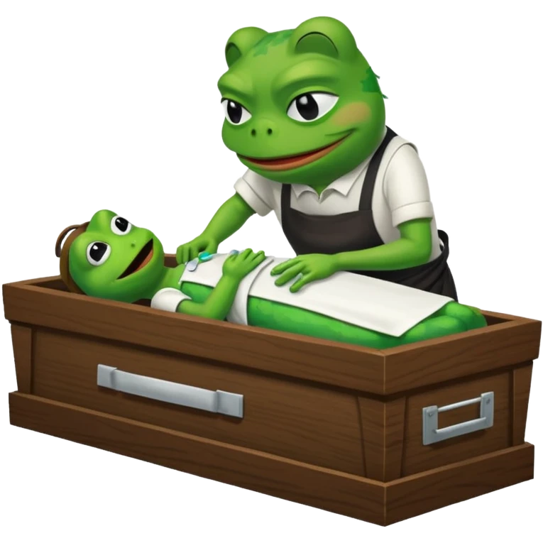 A coffin with "ECHO" written on it, being nailed shut by a Pepe the frog character. emoji