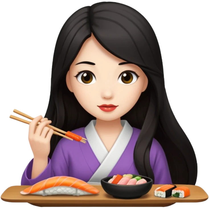 czarnowłosa ksieżniczka w dlugich wlosach je sushi emoji