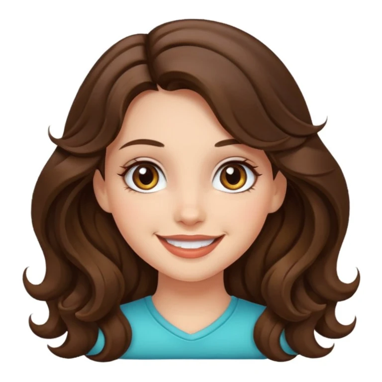 a girl with long wavy brunette hair, hazel eyes, cute make up emoji