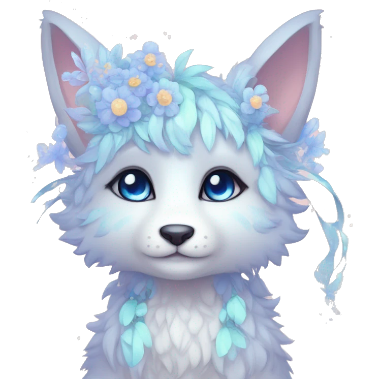 Anthro Cute Cool Pastel Kawaii gorgeous sparkly ethereal fantasy animal creature with blue eyes furry sona with flowers and ribbons beautiful aesthetic emoji