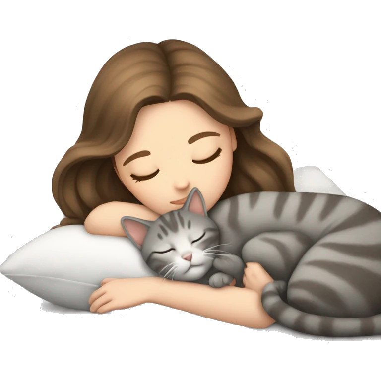 White girl brown hair sleeping with light grey kitty emoji