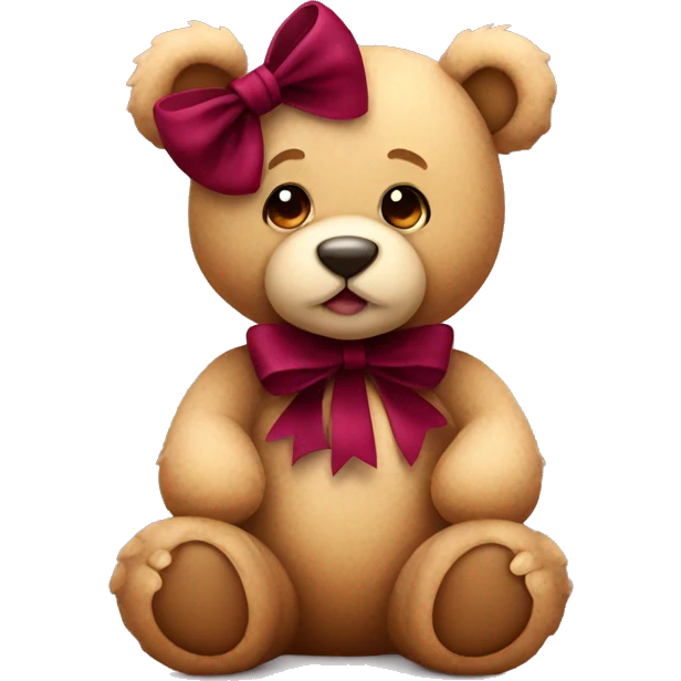 Cute sitting teddy bear with burgundy bow emoji