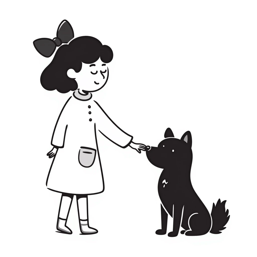 Asian girl with dark brown hair and a black shiba inu emoji