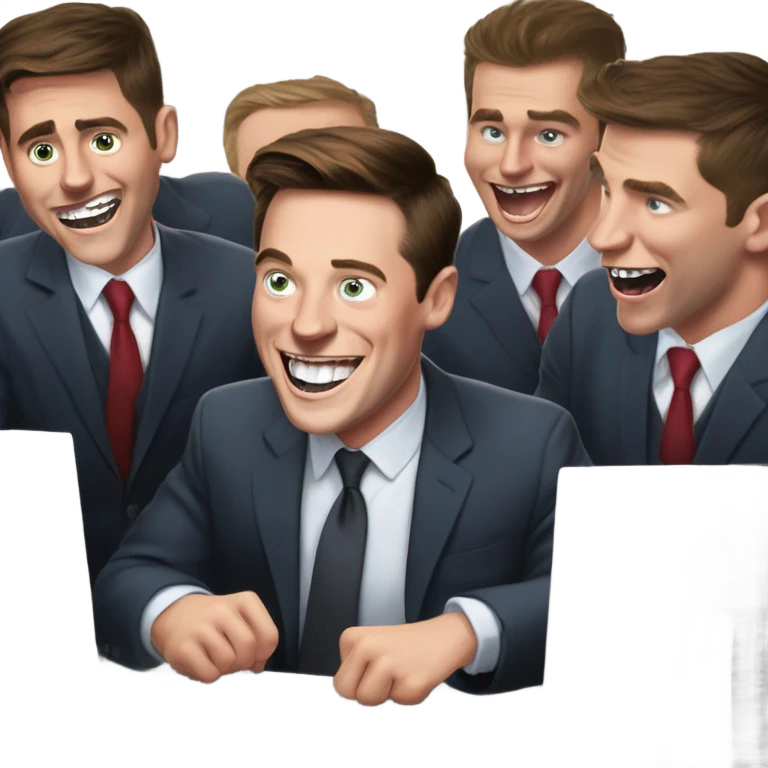 Musk in the treasury department laughing with devil horns coming out of his skull and in background young college guys on computers with eyes bulging out and looking frantic while typing fast emoji
